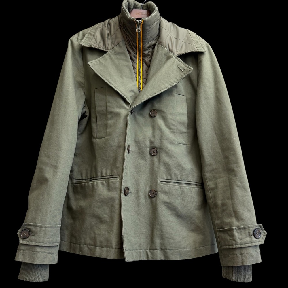 Marc Ecko Cut & Sew Men Olive Green Cargo Canvas Field Jacket Quilted Bib Sz  
M